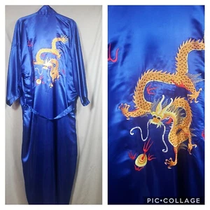 Vintage Peacock 100% Silk Kimono Golden Dragon - Blue - Size L* - Picture 1 of 6