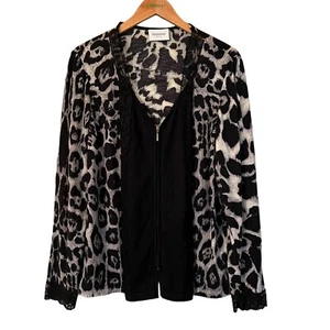 Stizzoli Size XXL (IT 52) Black Animal Print Cardigan Lace Detail Wool Blend Zip - Picture 1 of 8