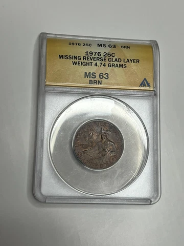 1976 25c MS63-BRN Missing Clad Layer Bicentennial Quarter Mint Error 4.74 Grams Cover