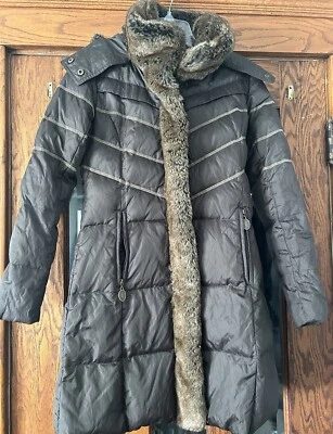 Abrigo acolchado Hilary Radley New York 36"" marrón plumón pluma imitación piel para mujer talla XS Foto 1 de 4