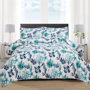 3-Piece Ocean Quilts Set Full/Queen Size Beach Bedspread Lightweight Coastal ... - Picture 1 of 7