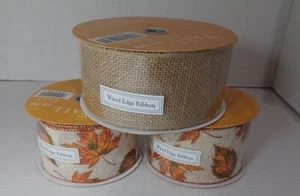 Fall Ribbon Leaves with Glitter Copper Wired Edge 2.5" and Burlap Lot of 3 - Picture 1 of 6