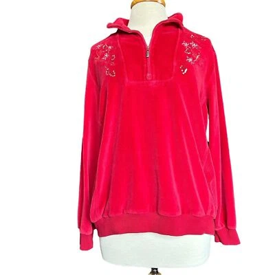 Alfred Dunner Floral Embroidered Red Fleece Pullover Jacket Sz L Grandmacore - Image 1 of 4