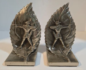 Paar massive Messing Robin Hood Blatt Buchstützen Bogenschütze Pfeil & Bogen - Bild 1 von 9