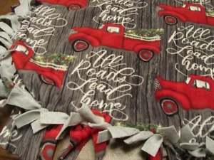 RED WAGON TIED BLANKET "All Roads Lead Home", FLEECE, 55" X 60" - Picture 1 of 5