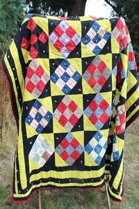 65 X 75 1800s Antique Quilt Cotton Pieced 9 Patch Tied Chrome Yellow Shirting - Picture 1 of 12
