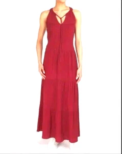 NUEVO T Tahari Maxi Vestido Sin Mangas Rojo Quemado Textura Gasa En Niveles Cuello Halter M - Imagen 1 de 21