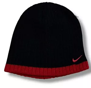 Vintage Nike Beanie Hat Youth OS Knit Colorblock Swoosh Black Red Y2K Retro Cap - Picture 1 of 4