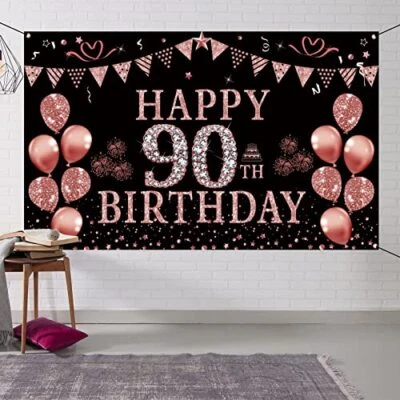 Decorações de aniversário de 90 anos ouro rosa banner de fundo de aniversário de 90 anos para... - Imagem 1 de 4