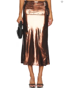 WE WORE WHAT Resolve Metallic Double Belt Midi Skirt Foiled Stretch 6 NWT $119 - Picture 1 of 4