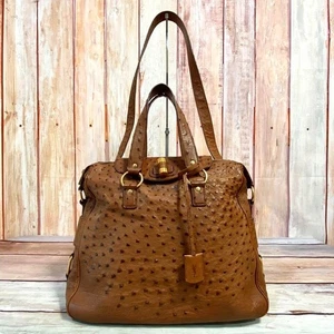 YSL Yves Saint Laurent Rive Gauche Ostrich 2-Way Handbag Shoulder Bag Brown - Picture 1 of 22