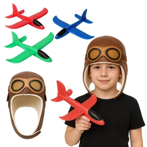 Braune Biggles Mütze für Kinder mit Schutzbrille & 23 cm Schaumstoffgleiter Flugzeug – Pilot Verkleidung bis - Bild 1 von 9