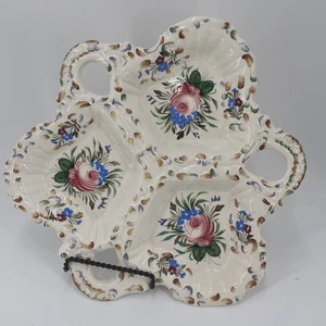 Vtg Italian Majolica Divided Serving Dish Hand Painted Floral Faience 3 Section - Picture 1 of 19