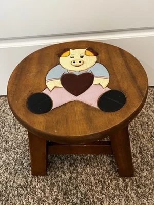 Hand Painted Wood Milking Stool Pig Holding Heart 10” Country Farm Decor - Image 1 of 4