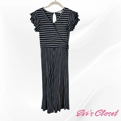 Knit Works Girl’s Jumpsuit Blue Striped White Wide Black Leg Pull On V Neck S 12 - Image 1 of 4