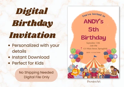 Circus Theme Digital Invitation | Kids Birthday Party Invite | Instant Download - Image 1 of 4