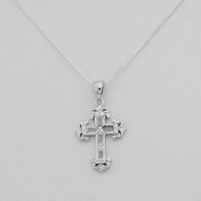 Women's 925 Sterling Silver.CROSS CZ Icy Bling Pendant.18"Necklace +Box - Image 1 of 4