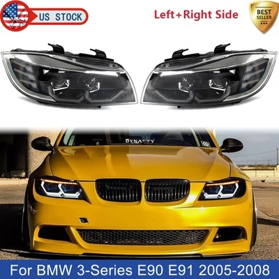 White LED 3D Crystal U-Halo Black Front Headlight For 2005-2008 BMW 3-Series E90 - Изображение 1 из 4