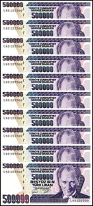 Turkey 500000 Lira, L.1970 (1998 ND), P-212a.1, UNC, Prefix L X 10 PCS - Picture 1 of 2