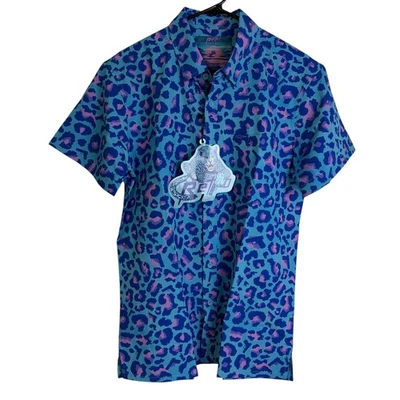 Camisa Rifle Retro Para Hombre Mediana Azul Leopardo Manga Corta Abotonada Elastizada Nueva Con Etiquetas Foto 1 de 4