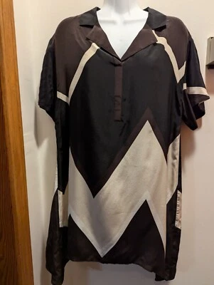 Blusa túnica Doncaster para mujer 8 manga corta negra/marrón seda cuello en V cuello Foto 1 de 4