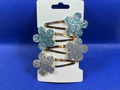 Girls Adorable Silver Iridescent & Aqua Blue Floral Glitter Hair Clip Set - Image 1 of 4