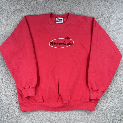Vinatge 80's Arkansas Razorbacks SweatShirt XL Embroidered Logo Faded Red Hanes Cover