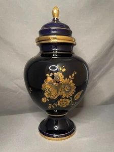 Vintage Ceramic Woulind Urn Navy Blue w/ Gold Florals Made in Chile. 12.5” Tall - Picture 1 of 14