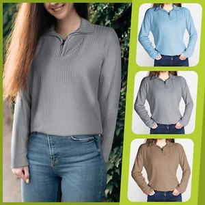 Women’s Casual Long Sleeve Half Zip Pullover Sweaters Solid V Neck Collar Top - Picture 1 of 41