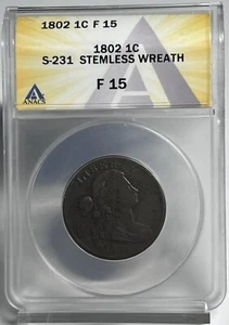 1802 Draped Bust Large Cent ANACS F 15 S-231 Stemless Wreath - Picture 1 of 4