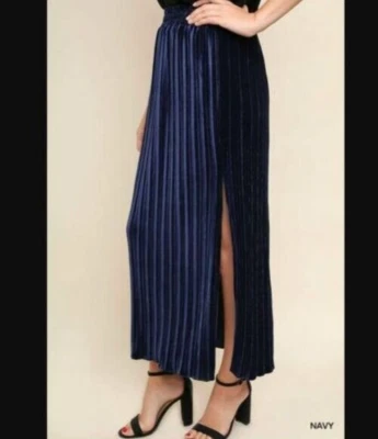 Maxi falda plisada de terciopelo aplastado azul marino talla M con abertura lateral UMGEE para mujer Foto 1 de 4