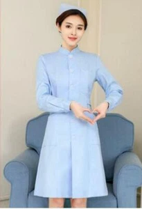 Women Nurse Dress Stand Collar  Doctor Beautician Lab  Long Coat  Work Clothes  - Picture 1 of 8