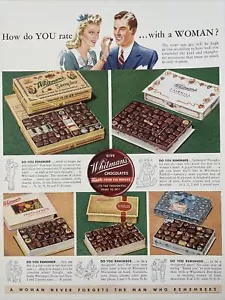 1941 anuncio impreso de chocolates Whitman's vintage. Chocolate Give Whitmans, Segunda Guerra Mundial - Imagen 1 de 1