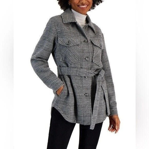 Chaqueta Camisa CoffeeShop Juniors Cinturón, Abrigo Gris Cuadros Talla S Foto 1 de 4
