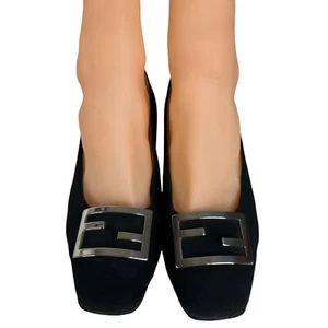 Vintage Fendi Scarpe Logo Shoes Pump Fabric Block Low Heel Black Size US 4 EU 35 - Picture 1 of 18