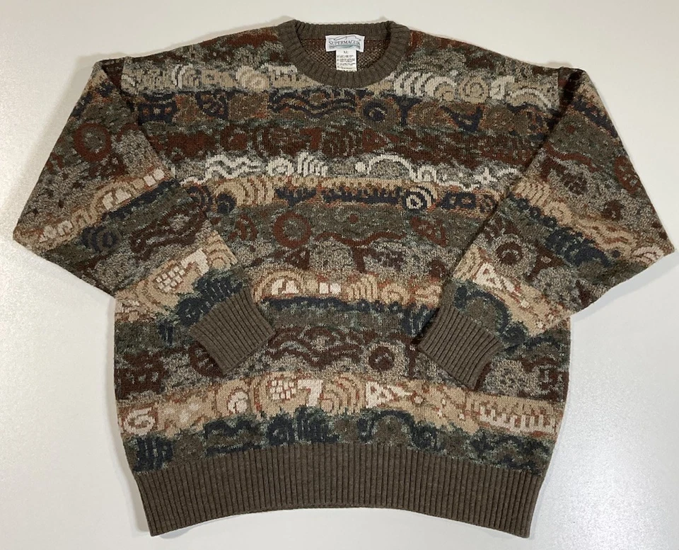 Vintage Supermaglia Knit Sweater Sz L Abstract Made In Italy Grandpa Dad 80s - Image 1 of 4