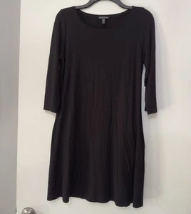 Camisa túnica informal Eileen Fisher vestido mediano negra viscosa bolsillos elásticos - Imagen 1 de 6