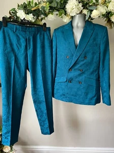 TED BAKER Suit 2 Piece Set Jacket UK M & Trousers 32" Teal Blue  Floral Jacquard - Picture 1 of 22