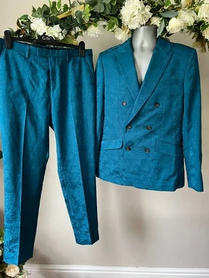 TED BAKER Suit 2 Piece Set Jacket UK M & Trousers 32" Teal Blue  Floral Jacquard - Image 1 of 4