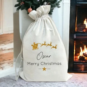 Saco Trineo Papá Noel Dorado Feliz Navidad Personalizado - Imagen 1 de 6