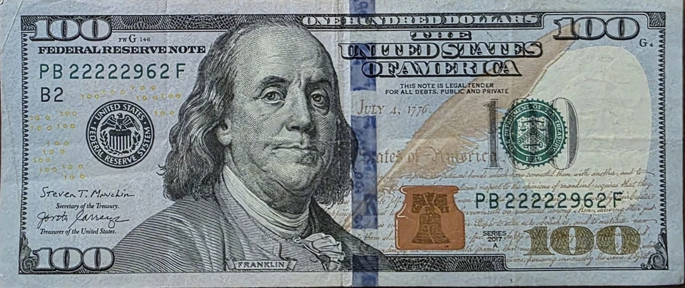 $100 bill, 2017, A, good condition, with semi-solid series 22222962 collectible - Image 1 of 1