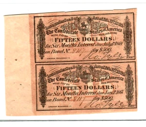 2 X $15 (CONFEDERATE  BONDS)1800'S 2 X $15 (CONFEDERATE) RARE  X $15 CRISPY! - Picture 1 of 2