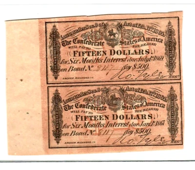 2 X $15 (CONFEDERATE  BONDS)1800'S 2 X $15 (CONFEDERATE) RARE  X $15 CRISPY! - Image 1 of 2