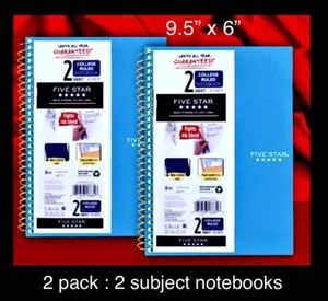 2pk Five Star College Ruled 2 SUBJECT Notebook, Poly Cover, BLUE 9.5” x 6” - Picture 1 of 24