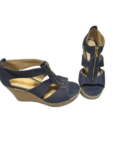 MICHAEL KORS Size 8.5Damita Blue Denim and Hold Zipper Espadrille Wedge Sandals - Picture 1 of 7
