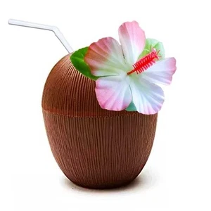 18 Coconut Cups & Flower Straws Hawaiian Lei Hula Party Cocktail Punch Drinking - Picture 1 of 3
