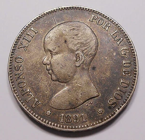 España 1891 PG-M 5 Pesetas VF Muy Bonita Moneda ALTA Grado Alfonso XIII GRAN PLATA - Imagen 1 de 2