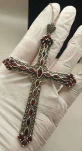 XXL Art Nouveau Plata CRUZ con granate y marcasitas 12cm - 30,3 gramos - Cadena 71cm - Imagen 1 de 9