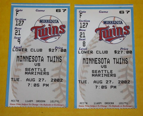 Minnesota Twins Ticket Stub | August 27 2002 | Torii Hunter HR Ichiro Hit Cover