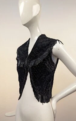 VICTORIAN 1890’S VELVET VEST STYLE TOP W JET BEADING + JET FRINGE - Image 1 of 4